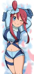 Rule 34 | 1girl, blue eyes, breasts, creatures (company), emapippi, game freak, highres, large breasts, nintendo, pokemon, pokemon bw, pouch, red hair, skyla (pokemon), solo, thigh pouch