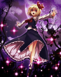 Rule 34 | 1girl, blonde hair, fafuner, hair ribbon, highres, open mouth, oubou, outstretched arms, red eyes, ribbon, rumia, short hair, skirt, solo, touhou