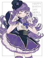 Rule 34 | 1girl, ;), ao (ao0 0nemu), bad id, bad twitter id, black hairband, black hat, character name, closed mouth, cowboy shot, double v, hairband, hands up, happy birthday, hat, highres, idol clothes, kiratto pri chan, long hair, looking at viewer, one eye closed, pretty series, purple eyes, purple hair, purple skirt, purple thighhighs, shido mel, shirt, skirt, smile, solo, standing, thighhighs, tongue, tongue out, v, very long hair, white shirt