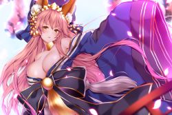 Rule 34 | 1girl, animal ears, areola slip, ayuteisyoku, bell, blue bow, blue kimono, blush, bow, breasts, cleavage, collar, fate/extra, fate/grand order, fate (series), fox ears, fox girl, fox tail, hair between eyes, hair bow, hair ornament, japanese clothes, kimono, large breasts, long hair, looking at viewer, metal collar, obi, off shoulder, official alternate costume, parted lips, petals, pink hair, sash, solo, tail, tamamo (fate), tamamo no mae (fate/extra), tamamo no mae (third ascension) (fate), tassel, very long hair, wide sleeves, yellow eyes