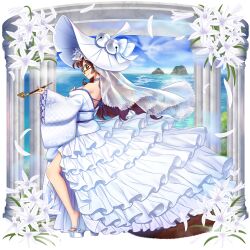 Rule 34 | 1girl, absurdres, bridal veil, brown eyes, brown hair, checkered sleeves, closed mouth, commentary, dress, english commentary, flower, frills, from side, full body, futatsuiwa mamizou, futatsuiwa mamizou (white tanuki from the same hole), game cg, glasses, hat bell, highres, holding, holding smoking pipe, horizon, japanese clothes, kimono, long sleeves, looking at viewer, ocean, off-shoulder dress, off shoulder, okobo, outdoors, rotte (1109), sandals, sash, second-party source, smile, smoking pipe, solo, touhou, touhou lostword, veil, wedding dress, white flower, white footwear, white headwear, white kimono, wide sleeves