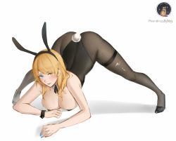 Rule 34 | 1girl, animal ears, artist name, ass, back, black footwear, black leotard, black pantyhose, blonde hair, blue eyes, blue nails, blush, breasts, cleavage, closed mouth, fake animal ears, full body, hands on floor, heterochromia, high heels, jack-o&#039; challenge, large breasts, leotard, lips, long hair, looking at viewer, nail polish, pantyhose, playboy bunny, rabbit ears, rabbit tail, renown (warship girls r), resolution mismatch, rifu (643763873), solo, source larger, tail, thighs, warship girls r, white background, yellow eyes