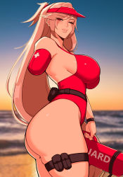 Rule 34 | 1girl, absurdres, alecto 0, amputee, ass, baiken, baywatch, beach, belt pouch, blurry, blurry background, breasts, curvy, detached sleeves, facial tattoo, fingernails, guilty gear, hat, highres, holding, huge breasts, lifeguard, lips, long hair, ocean, one-eyed, one-piece swimsuit, one side up, photo background, pink hair, ponytail, pouch, red eyes, red hat, red one-piece swimsuit, scar, scar across eye, scar on face, single detached sleeve, skindentation, solo, swimsuit, tattoo, thick thighs, thigh pouch, thighs, twisted torso, very long hair, visor cap, watch, wristwatch