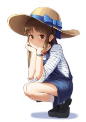 Rule 34 | 1girl, absurdres, black footwear, blue ribbon, blue skirt, bracelet, brown eyes, brown hair, closed mouth, commentary request, dress, full body, goback, hair ribbon, half updo, hands up, hat, hat ribbon, head rest, highres, idolmaster, idolmaster cinderella girls, jewelry, loafers, long hair, looking at viewer, pinafore dress, ribbon, shadow, shirt, shoes, sidelocks, simple background, skirt, sleeveless, sleeveless dress, socks, solo, squatting, striped clothes, striped shirt, sun hat, tachibana arisu, thighs, white background, white shirt, white socks