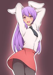 Rule 34 | 1girl, :d, absurdres, animal ears, arms behind head, arms up, black necktie, black pantyhose, blush, breasts, bright pupils, collarbone, commentary request, cowboy shot, dancing, fang, feet out of frame, gradient background, highres, large breasts, long hair, long sleeves, looking at viewer, me!me!me!, me!me!me! dance (meme), meme, miniskirt, necktie, open mouth, pantyhose, pink skirt, purple eyes, purple hair, rabbit ears, reisen udongein inaba, shirt, sidelocks, skirt, smile, solo, standing, suwaneko, sweatdrop, tongue, touhou, white pupils, white shirt, wing collar