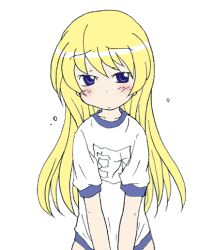 Rule 34 | 00s, 1girl, blonde hair, blue eyes, blush, eyebrows, gym uniform, kotopan, long hair, nervous, own hands together, pani poni dash!, rebecca miyamoto, simple background, skirt, solo, thick eyebrows, white background, white skirt