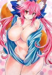 Rule 34 | 1girl, absurdres, animal ear fluff, animal ears, blue ribbon, blush, bottomless, breasts, cleavage, collarbone, commentary, commentary request, fate/grand order, fate (series), fox ears, fox girl, fox tail, groin, hair ribbon, highres, large breasts, long hair, looking at viewer, marker (medium), navel, no bra, open clothes, open mouth, open shirt, pink hair, ribbon, solo, tail, tamamo (fate), tamamo no mae (fate/extra), traditional media, twobee, yellow eyes