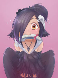 Rule 34 | 1girl, aomi mayoru, black feathers, black hair, blush, bow, coffin, commentary request, cross, feathered wings, feathers, fish, hair ornament, hair over one eye, harpy, jewelry, looking at viewer, monster girl, mouth hold, necklace, original, pink background, smile, solo, sparkling eyes, valentine, winged arms, wings, yellow eyes