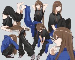 Rule 34 | 1girl, air max, air max 97, arms behind head, asamiya mariko, barefoot, black pants, black shirt, blue eyes, blue hoodie, brown hair, clothes around waist, commentary, english commentary, floating hair, foreshortening, from below, hair behind ear, highres, holding, holding hair, holeecrab, hood, hood down, hoodie, long hair, midriff peek, multiple views, nike (company), open mouth, original, pants, parted lips, ponytail, shirt, shoes, sitting, smile, sneakers, squatting, sweater, sweater around waist, upside-down, very long hair