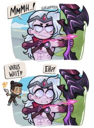 Rule 34 | 2boys, angel wings, arrow (projectile), artist name, blush, bow (weapon), colored skin, day, frown, gem, grey eyes, grey skin, highres, holding, holding arrow, holding bow (weapon), holding weapon, league of legends, leochamposa, long hair, multiple boys, outdoors, pink skin, teeth, varus, weapon, white hair, wings