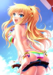 Rule 34 | 1girl, ass, beach umbrella, belt, bikini, blonde hair, blue eyes, blue sky, bracelet, butt crack, cloud, commentary request, day, denim, denim shorts, from behind, halterneck, idolmaster, idolmaster cinderella girls, jewelry, long hair, looking at viewer, multicolored bikini, multicolored clothes, necklace, ohtsuki yui, open mouth, outdoors, ponytail, shorts, sky, smile, solo, string bikini, striped bikini, striped clothes, swimsuit, umbrella, undressing, wavy hair, zen