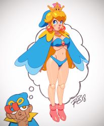 Rule 34 | 1girl, bad id, bad twitter id, blue bra, blue panties, blush stickers, bra, breasts, brooch, cape, cleavage, commentary, crown, doll joints, earrings, english commentary, full body, genderswap, genderswap (mtf), geno (mario), hand on own chin, hat, highres, imagining, jewelry, joints, mario (series), medium breasts, narrow waist, navel, new super mario bros. u deluxe, nintendo, panties, pink footwear, pink lips, puckered lips, robaato, short hair, standing, super crown, super mario rpg, thought bubble, underwear