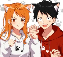 Rule 34 | 1boy, 1dot 297, 1girl, alternate costume, animal ear fluff, animal ears, black hair, blush, brown eyes, cat ears, collarbone, earrings, facial scar, fangs, hair over shoulder, highres, hood, hood down, hoodie, jewelry, long hair, long sleeves, looking at viewer, matching outfits, monkey d. luffy, nami (one piece), one piece, open mouth, orange hair, paw pose, paw print, paw print background, pearl earrings, print hoodie, red hoodie, scar, scar on cheek, scar on face, short hair, single sidelock, smile, tongue, tongue out, upper body, wavy hair, white hoodie