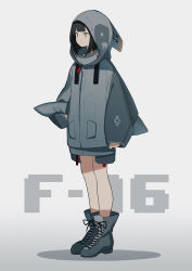 Rule 34 | 1girl, absurdres, bare legs, black eyes, black hair, blunt bangs, boots, closed mouth, clothes, dress, expressionless, f-16 fighting falcon, fami (yellow skies), full body, highres, hood, hood up, hoodie, original, sleeves past wrists, solo, sweater, sweater dress