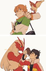 Rule 34 | 1boy, 1girl, artist name, black hair, blaziken, brown eyes, brown hair, clenched hand, creatures (company), crossover, fingerless gloves, flipped hair, game freak, gen 1 pokemon, gen 3 pokemon, glasses, gloves, highres, hyakujuu-ou golion, jacket, keith (voltron), kisenoi, looking at another, mullet, name connection, nintendo, open clothes, open jacket, pidge gundarsson, pidge gunderson, pidgey, pokemon, pokemon (creature), pun, reverse trap, voltron: legendary defender, voltron (series)