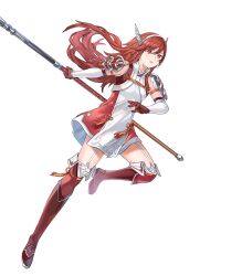 Rule 34 | 1girl, armor, boots, caeldori (fire emblem), dress, elbow gloves, female focus, fire emblem, fire emblem fates, fire emblem heroes, full body, garter straps, gloves, hair ornament, hairband, highres, holding, holding polearm, holding weapon, long hair, matching hair/eyes, nintendo, non-web source, official art, polearm, red eyes, red hair, short dress, shoulder armor, solo, tan (tangent), thigh boots, thighhighs, weapon, zettai ryouiki