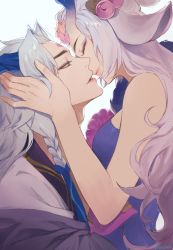 Rule 34 | 1boy, 1girl, absurdres, animal ears, bad id, bad twitter id, bare arms, bare shoulders, braid, breasts, couple, deer ears, flower, from side, grey hair, hair ornament, hetero, highres, horns, imminent kiss, japanese clothes, kimono, league of legends, lillia (league of legends), long hair, looking at another, medium breasts, official alternate costume, pink flower, potatohell, smile, spirit blossom lillia, spirit blossom yone, yone (league of legends)