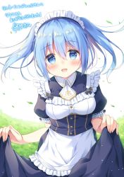 Rule 34 | 1girl, apron, blue eyes, blue hair, blush, breasts, dress, headdress, indie virtual youtuber, looking at viewer, maid, maid apron, maid headdress, rinne hundred, satsuki yukimi, smile, solo, twintails, virtual youtuber