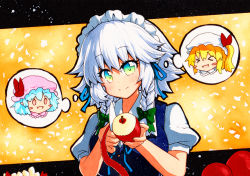 Rule 34 | &gt; &lt;, 1girl, :d, apple, bad id, bad pixiv id, blonde hair, blue hair, bow, braid, closed mouth, fang, flandre scarlet, food, fruit, green bow, green eyes, grey hair, hair bow, hat, holding, holding food, holding fruit, holding knife, izayoi sakuya, knife, looking at viewer, maid, maid headdress, mob cap, multicolored eyes, one side up, open mouth, peeling, pink hat, puffy short sleeves, puffy sleeves, qqqrinkappp, red apple, remilia scarlet, short hair, short sleeves, side braids, skin fang, smile, solid oval eyes, solo, thought bubble, touhou, traditional media, twin braids, upper body, white hat, xd, yellow background