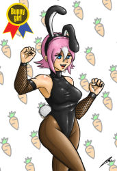 Rule 34 | 1girl, alternate costume, animal ears, bare shoulders, blue eyes, borockman, breasts, brown pantyhose, capcom, carrot, clenched hands, curvy, detached sleeves, fake animal ears, fishnets, happy, large breasts, leotard, mega man (series), mega man x: command mission, mega man x (series), multicolored hair, nana (mega man x: command mission), pantyhose, pink hair, playboy bunny, rabbit ears, rabbit tail, short hair, signature, smile, solo, streaked hair, tail, taut clothes, turtleneck, two-tone hair, white hair