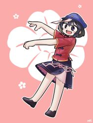 Rule 34 | 1girl, azurereindeer, black footwear, black hair, black ribbon, black skirt, blush, cabbie hat, chinese clothes, commentary, fang, floral background, full body, hat, hat ornament, highres, jiangshi, looking at viewer, miyako yoshika, neck ribbon, ofuda, open mouth, outline, outstretched arms, pink background, purple eyes, purple hat, red shirt, ribbon, shirt, shoes, short hair, short sleeves, skirt, smile, solo, star (symbol), star hat ornament, symbol-only commentary, tangzhuang, touhou, white outline, zombie pose