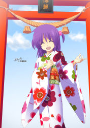 Rule 34 | 1girl, hayate no gotoku!, japanese clothes, kimono, open mouth, purple hair, segawa izumi, sky, smile, solo, twintails, yukata