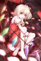 Rule 34 | 1girl, ascot, barefoot, blonde hair, bow, flandre scarlet, hair bow, highres, hoshibuchi, puffy short sleeves, puffy sleeves, red eyes, shirt, short sleeves, side ponytail, sitting, skirt, skirt set, solo, touhou, vest, wings