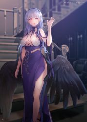 Rule 34 | 1girl, artist name, azur lane, black wings, breasts, criss-cross halter, dido (anxious bisque doll) (azur lane), dido (azur lane), dress, dress straps, ebbilin, feathered wings, hairband, halter dress, halterneck, headband, highres, indoors, large breasts, large wings, long dress, long hair, official alternate costume, pelvic curtain, purple dress, purple eyes, purple hair, purple hairband, purple headband, solo, stairs, wings