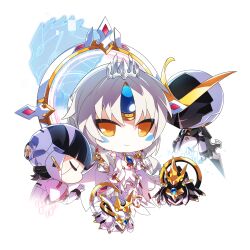 Rule 34 | 1boy, 2girls, black hair, boots, chibi, closed eyes, closed mouth, code: esencia (elsword), commentary request, crown, dress, elsword, energy, eve (elsword), facial mark, flat chest, gem, gem on head, gloves, gold trim, halo, highres, light smile, looking at viewer, machine, mechanical halo, moby (elsword), mulook, multiple girls, orange eyes, remy (elsword), robot, short hair, white dress