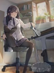 Rule 34 | 1girl, absurdres, black hair, blush, chair, feet, highres, holding, holding shoes, kage no jitsuryokusha ni naritakute!, loafers, long hair, looking at viewer, nishino akane, office chair, open mouth, pantyhose, purple eyes, shoes, unworn shoes, single shoe, sitting, soles, swivel chair, toes