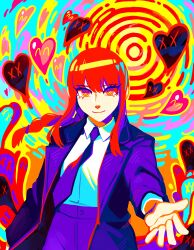 Rule 34 | 1girl, absurdres, braid, braided ponytail, chainsaw man, coat, collared shirt, eyes visible through hair, formal, frogbians, heart, highres, looking at viewer, makima (chainsaw man), medium hair, necktie, reaching, reaching towards viewer, red hair, ringed eyes, shirt, smile, solo, suit, white shirt, yellow eyes