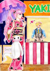 Rule 34 | 1boy, 1girl, alternate costume, chef, festival, food, ghost, heart, highres, japanese clothes, kimono, one piece, perona, pink hair, sanji (one piece), market stall, umbrella, walking