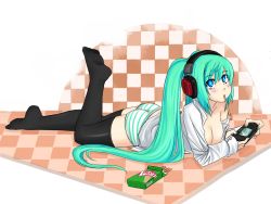 Rule 34 | 1girl, aqua hair, ass, bad deviantart id, bad id, black thighhighs, blue eyes, blush stickers, breasts, cleavage, food, handheld game console, hatsune miku, headphones, kekekeke, long hair, lying, mouth hold, no pants, no shoes, on stomach, open clothes, open shirt, panties, playing games, pretz, shirt, solo, striped clothes, striped panties, thighhighs, twintails, underwear, vocaloid, zettai ryouiki