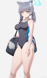 Rule 34 | 1girl, absurdres, animal ear fluff, animal ears, bag, black one-piece swimsuit, blue archive, blue eyes, breasts, competition swimsuit, covered navel, cross hair ornament, domiansfw, extra ears, feet out of frame, grey hair, hair ornament, halo, highres, low ponytail, medium breasts, medium hair, mismatched pupils, multicolored clothes, multicolored swimsuit, official alternate costume, one-piece swimsuit, shiroko (blue archive), shiroko (swimsuit) (blue archive), simple background, solo, swimsuit, thick thighs, thighs, white background, wolf ears