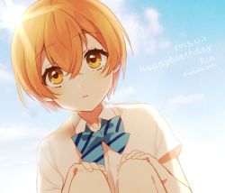 Rule 34 | 10s, 1girl, bad id, bad twitter id, bow, character name, cloud, cloudy sky, dated, day, happy birthday, hoshizora rin, ichinose yukino, knees up, lens flare, looking at viewer, love live!, love live! school idol project, orange hair, parted lips, school uniform, short hair, sky, solo, sun, twitter username, yellow eyes