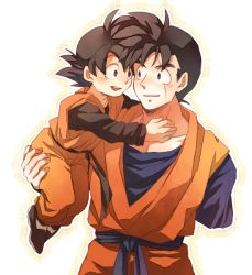 Rule 34 | 2boys, age difference, amputee, black eyes, black hair, brothers, carrying, child, dougi, dragon ball, dragonball z, hug, long sleeves, looking at another, male focus, multiple boys, muscular, open mouth, scar, short hair, siblings, simple background, size difference, smile, son gohan, son gohan (future), son goten, spiked hair, white background