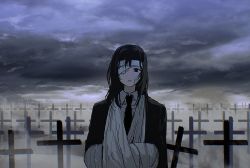 Rule 34 | 1girl, arm sling, bandage on face, bandage over one eye, bandaged arm, bandaged head, bandages, black hair, black jacket, black necktie, chainsaw man, cloud, cloudy sky, collared shirt, cross, dark, dark clouds, evening, fog, formal, graveyard, highres, himeno (chainsaw man), jacket, looking at viewer, medium hair, messy hair, necktie, shinamoku00, shirt, sky, solo, suit, tombstone, white shirt