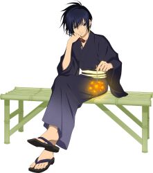 Rule 34 | 1boy, black hair, black kimono, blue eyes, commentary, crossed legs, english commentary, feet, fingernails, full body, hand fan, highres, holding, holding fan, holding fireworks, japanese clothes, kimono, leon magnus, male focus, official art, sandals, sitting, tales of (series), tales of asteria, tales of destiny, toenails, toes, yukata, zouri