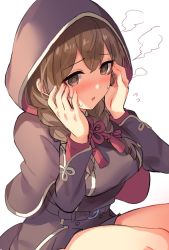 Rule 34 | 1girl, blush, braid, breasts, brown hair, capelet, flying sweatdrops, hair between eyes, hair ribbon, highres, hood, hood up, hooded capelet, kantai collection, large breasts, long hair, long sleeves, open mouth, ribbon, senbei (senbe i), shinshuu maru (kancolle), simple background, solo, steam, sweat, twin braids, white background