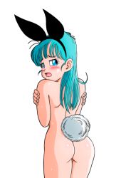 Rule 34 | 1girl, animal ears, ass, blue eyes, blush, breasts, bulma, completely nude, covering privates, covering breasts, dragon ball, dragon ball (classic), embarrassed, fake animal ears, fake tail, feet out of frame, female focus, from behind, green hair, groin, highres, large breasts, legs, long hair, looking back, nude, open mouth, rabbit ears, rabbit tail, simple background, solo, standing, sweat, tail, tears, thighs, transparent background, yamamoto doujin