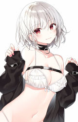 Rule 34 | 1girl, bare shoulders, belt, black choker, black jacket, bra, breasts, choker, cleavage, closed mouth, collarbone, frilled bra, frills, groin, hands up, head tilt, headgear, jacket, lace, lace-trimmed bra, lace trim, large breasts, long sleeves, looking at viewer, nail polish, navel, off shoulder, open clothes, open jacket, original, panties, pinching sleeves, pink nails, red eyes, short hair, silver hair, simple background, smile, solo, stomach, string panties, underwear, upper body, white background, white bra, white panties, yon (letter)