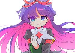 Rule 34 | 1girl, absurdres, blue eyes, blunt bangs, blush, closed mouth, disembodied hand, feli (puyopuyo), highres, long hair, long sleeves, offbeat, purple hair, puyopuyo, simple background, smile, solo, sweat, white background