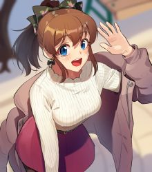 Rule 34 | 1girl, arm up, belt, black belt, black bow, blue eyes, blush, bow, breasts, brown hair, closed mouth, earrings, hair bow, idolmaster, idolmaster million live!, idolmaster million live! theater days, jewelry, kamille (vcx68), large breasts, long sleeves, looking at viewer, red skirt, ribbed sweater, satake minako, short hair, short ponytail, skirt, smile, solo, sweater, white sweater
