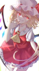 Rule 34 | 1girl, absurdres, ascot, blonde hair, chromatic aberration, collared shirt, cowboy shot, crystal, fang, flandre scarlet, frilled skirt, frilled sleeves, frills, glowing, glowing eye, hat, hat ribbon, highres, looking at viewer, medium hair, mizore arius, mob cap, nail polish, puffy short sleeves, puffy sleeves, red eyes, red ribbon, red skirt, red vest, ribbon, shirt, short sleeves, skirt, teeth, touhou, vest, white background, white shirt, wings, yellow ascot