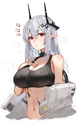 Rule 34 | 1girl, arknights, black bra, bra, breasts, cleavage, commentary, cowboy shot, demon horns, double-parted bangs, ear piercing, expressionless, grey hair, hair between eyes, hair ornament, hand on own chest, highres, horn/wood, horns, infection monitor (arknights), jumpsuit, large breasts, long hair, looking at viewer, material growth, mudrock (arknights), mudrock (elite ii) (arknights), navel, notice lines, open jumpsuit, oripathy lesion (arknights), parted lips, piercing, pointy ears, red eyes, simple background, solo, sports bra, steaming body, stomach, sweat, underwear, white background, white jumpsuit