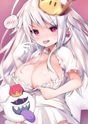 Rule 34 | 1girl, :d, ahoge, blush, breasts, brown background, cisyo, cleavage, colored tongue, commentary request, crown, dress, earrings, fang, gloves, hand up, highres, jewelry, king boo, large breasts, long hair, luigi&#039;s mansion, mario (series), mini crown, new super mario bros. u deluxe, nintendo, open mouth, pleated dress, princess king boo, puffy short sleeves, puffy sleeves, purple tongue, short sleeves, silver hair, single glove, smile, spoken blush, super crown, sweat, tilted headwear, tongue, tongue out, tsurime, very long hair, white dress, white gloves
