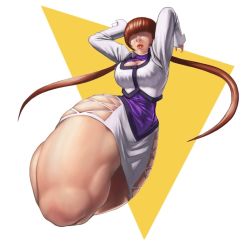 Rule 34 | 1girl, bad id, bad pixiv id, boots, breasts, brown hair, cleavage, cleavage cutout, clothing cutout, cropped jacket, dress, earrings, foreshortening, hair over eyes, jewelry, knee up, large breasts, leotard, lipstick, long hair, makeup, miniskirt, misleading thumbnail, shermie (kof), shinonome (game hakkutsu tai), short dress, skirt, snk, solo, the king of fighters, thick thighs, thighs, twintails