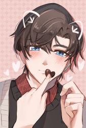 Rule 34 | 1boy, 1girl, artem wing (tears of themis), black sweater, blue eyes, brown hair, chocolate, closed mouth, collared shirt, female pov, fingernails, food, grey jacket, hetero, highres, holding, holding food, jacket, looking at viewer, male focus, pov, pov hands, red shirt, remosea, rosa (tears of themis), shirt, short hair, smile, solo focus, sweater, tears of themis, upper body
