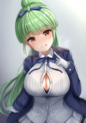 Rule 34 | 1girl, :p, azur lane, black bra, blue ribbon, blush, bow, bra, bra visible through clothes, breasts, cleavage, collar, collared shirt, commentary request, gloves, green hair, hair bow, high ponytail, large breasts, long hair, looking at viewer, manda (manda9n), ponytail, ribbon, shirt, shropshire (azur lane), simple background, skirt, tongue, tongue out, unbuttoned, unbuttoned shirt, underwear, white collar, white gloves, white skirt, yellow eyes