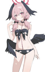 Rule 34 | 1girl, absurdres, arm at side, bikini, black bikini, black choker, black wings, blue archive, blush, bow, breasts, choker, collarbone, commentary, contrapposto, front-tie bikini top, front-tie top, hair between eyes, hair bow, halo, hand up, head wings, highres, koharu (blue archive), koharu (swimsuit) (blue archive), legs apart, looking at viewer, low twintails, low wings, mini wings, navel, pink eyes, pink hair, qtian, red halo, ringed eyes, short twintails, simple background, small breasts, solo, stomach, swimsuit, twintails, white background, wings